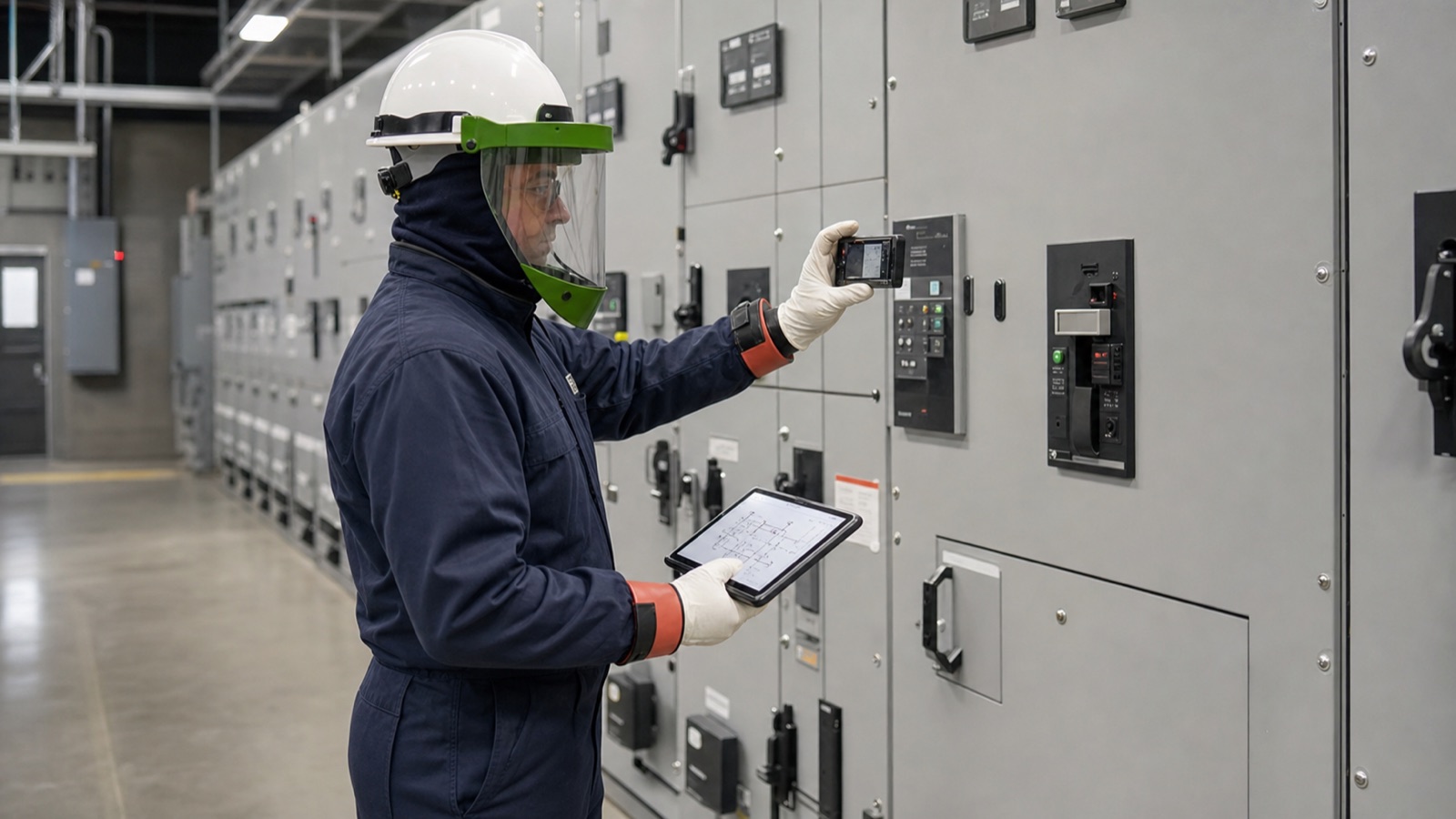 Electrical engineer collecting switchgear data for an arc flash study