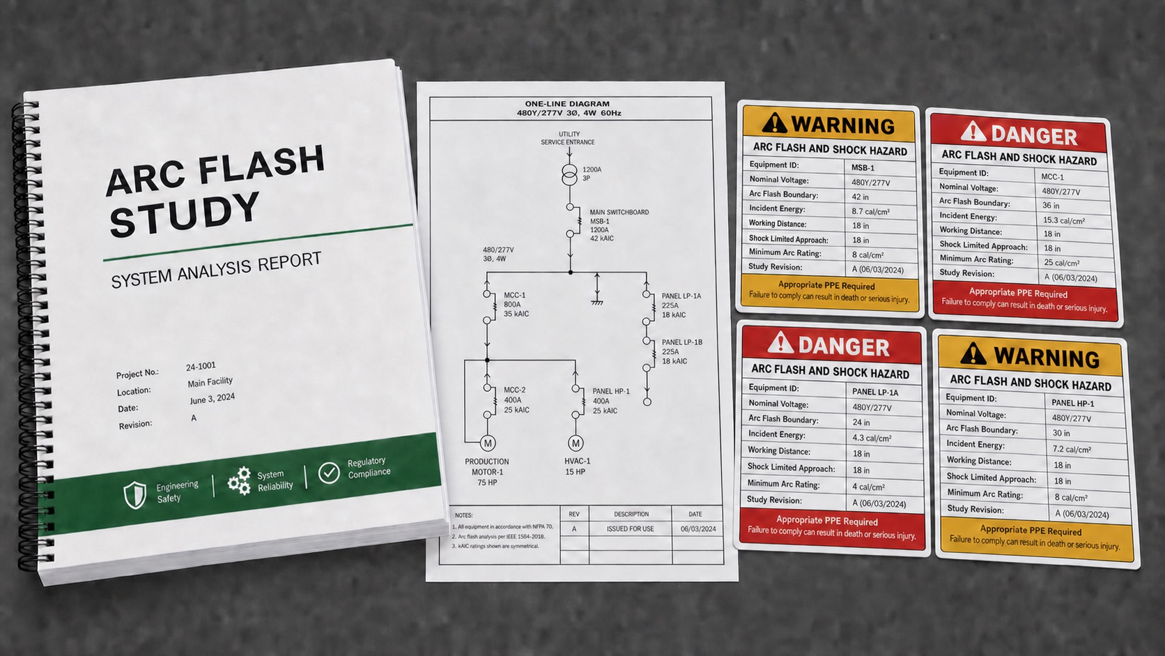 Illustrative arc flash study deliverables including an engineering report, a proportionally correct one-line diagram sheet, and four equipment hazard labels
