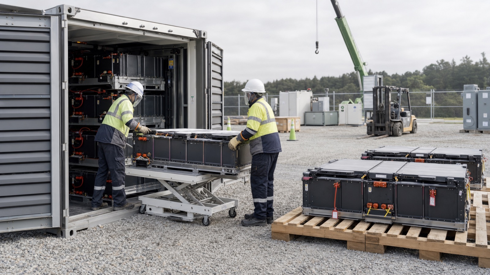 Technicians safely removing isolated battery modules during a BESS decommissioning project