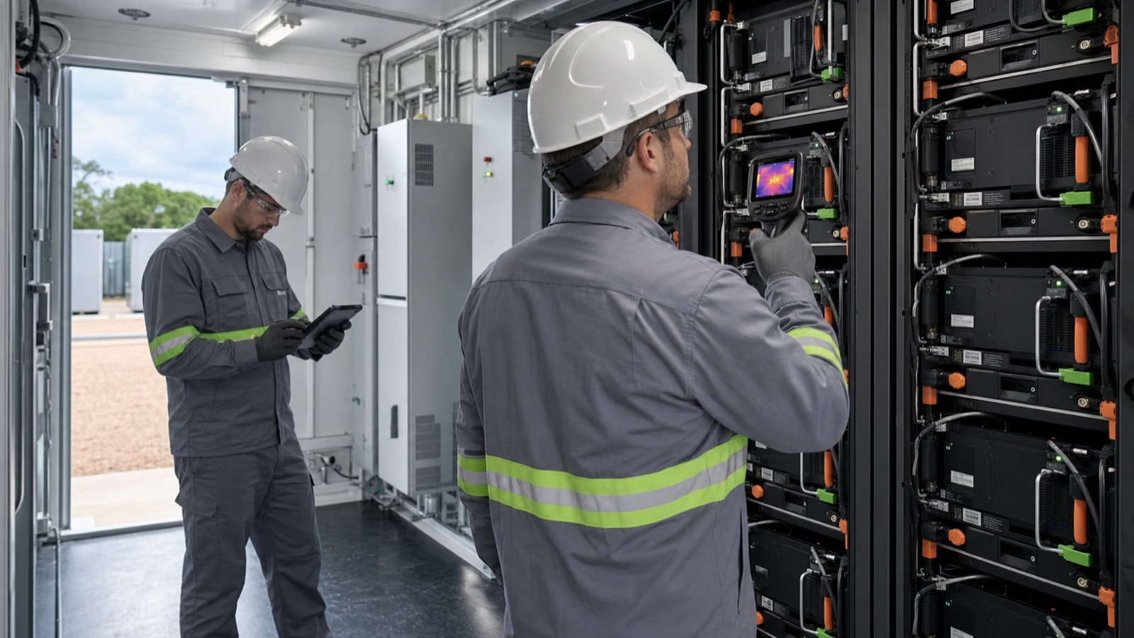 Technicians inspecting BESS battery racks with a thermal camera and tablet