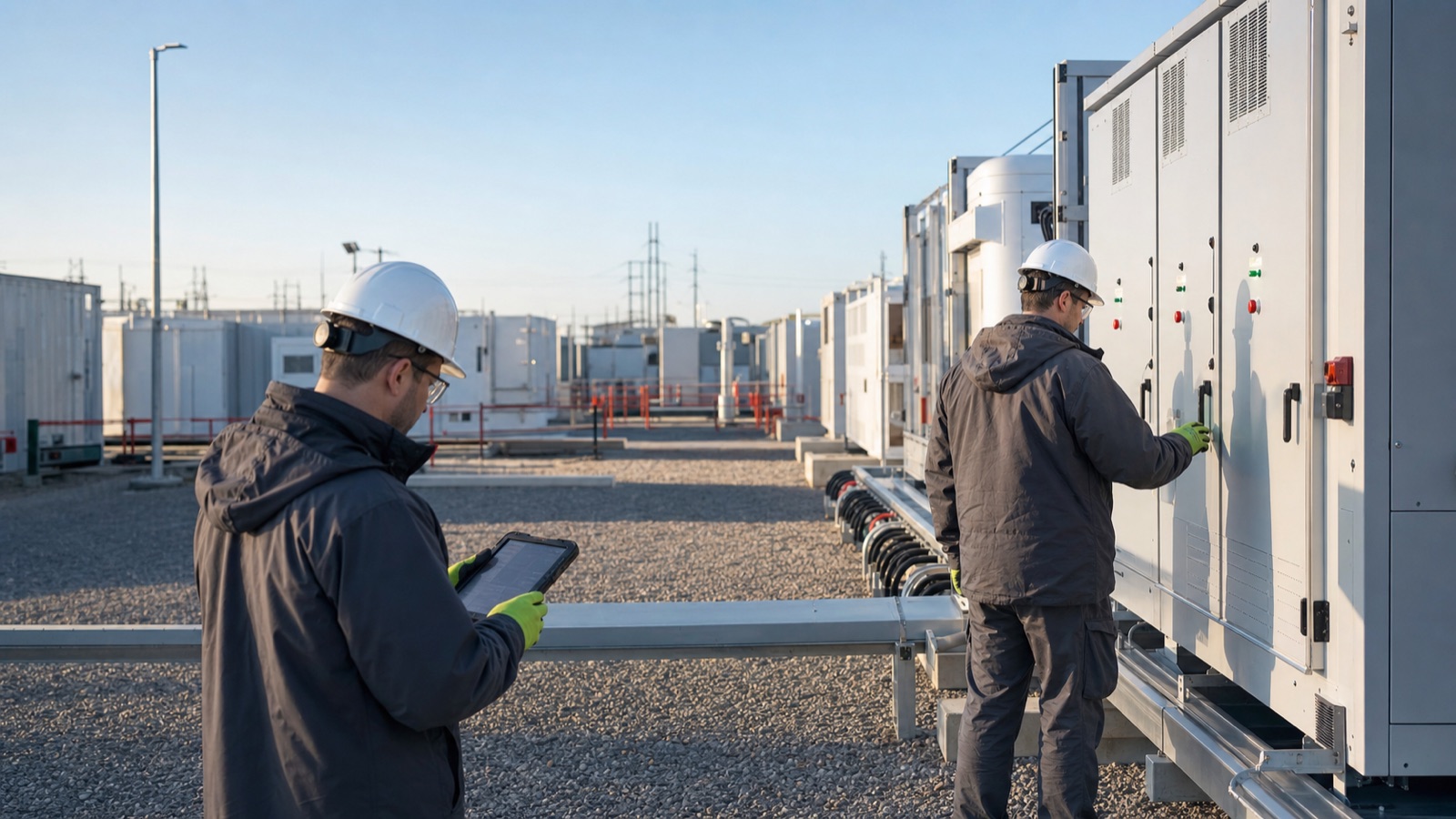 Technicians completing a commissioning readiness walkdown at a BESS site