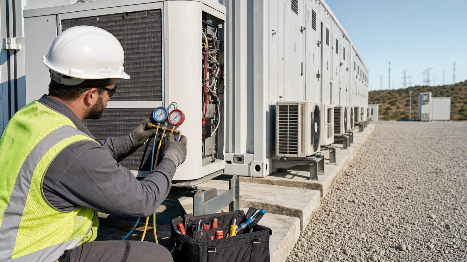 HVAC technician servicing cooling equipment at a utility-scale BESS site