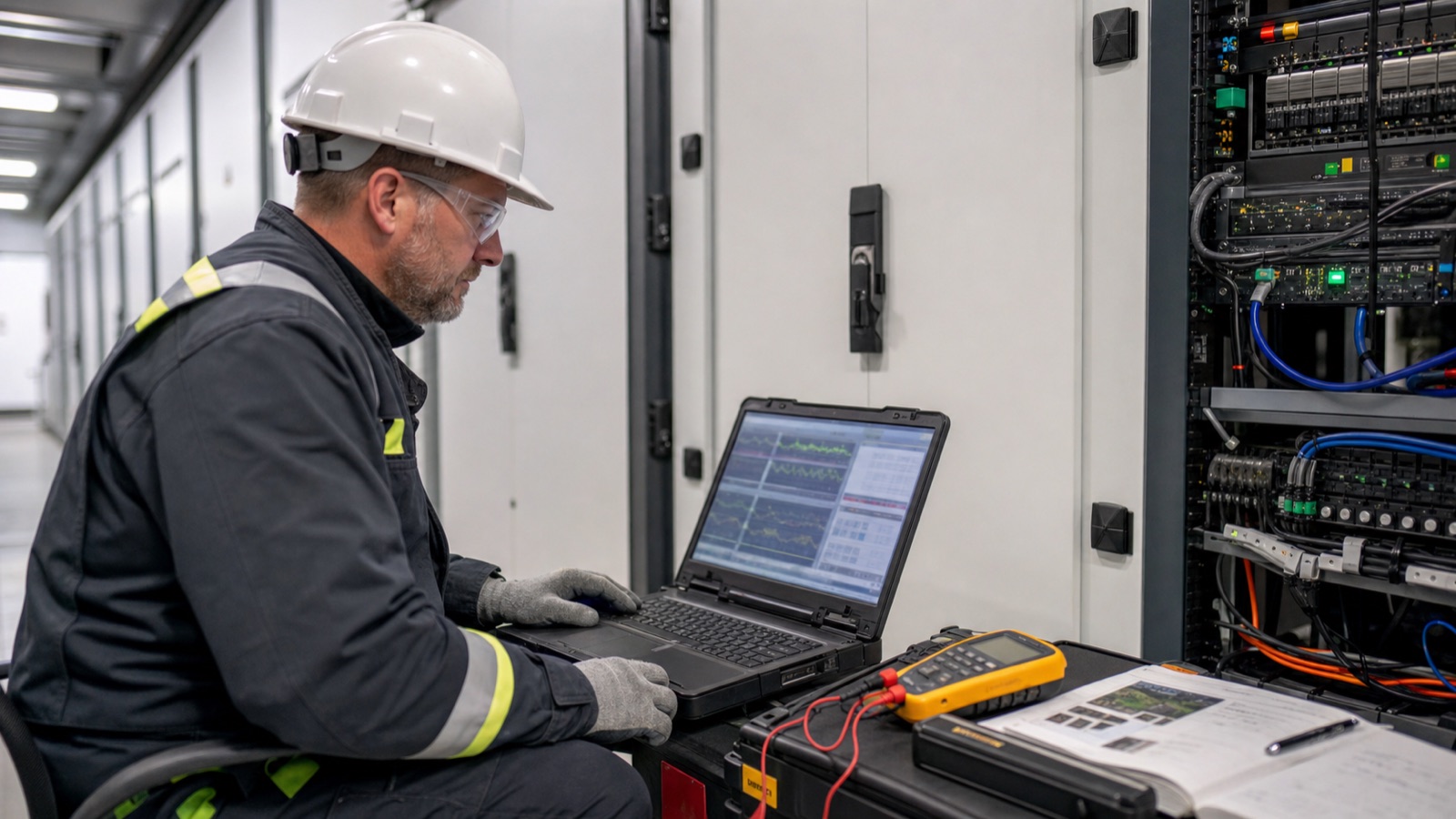 Field engineer comparing BESS operating trends with instrument readings
