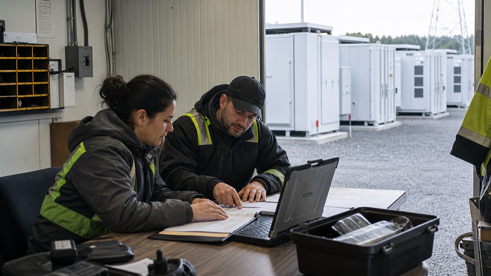 Field service manager and asset owner reviewing a recurring BESS maintenance plan