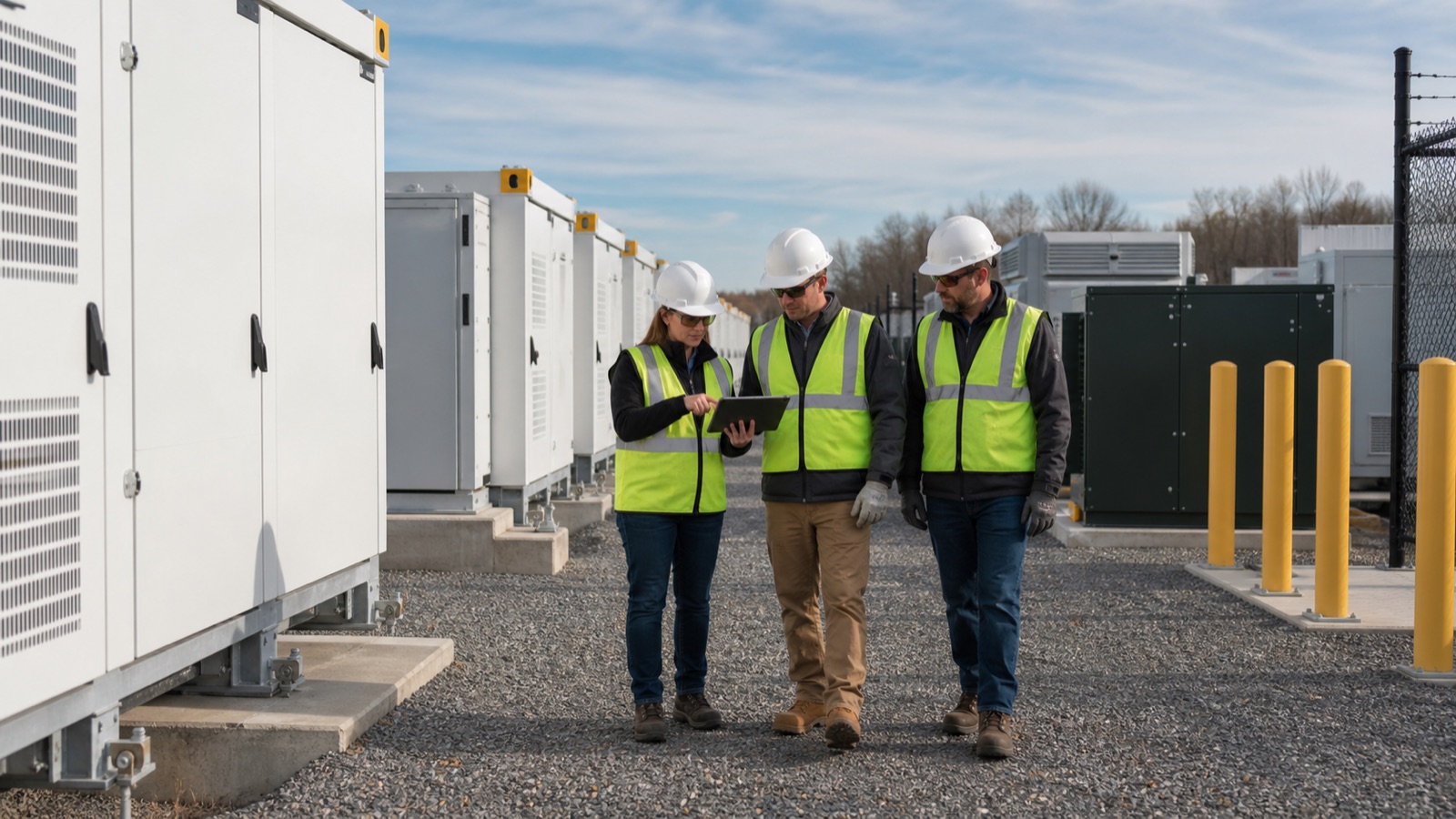 Owner and field technicians conducting a scheduled BESS operations and maintenance walkdown