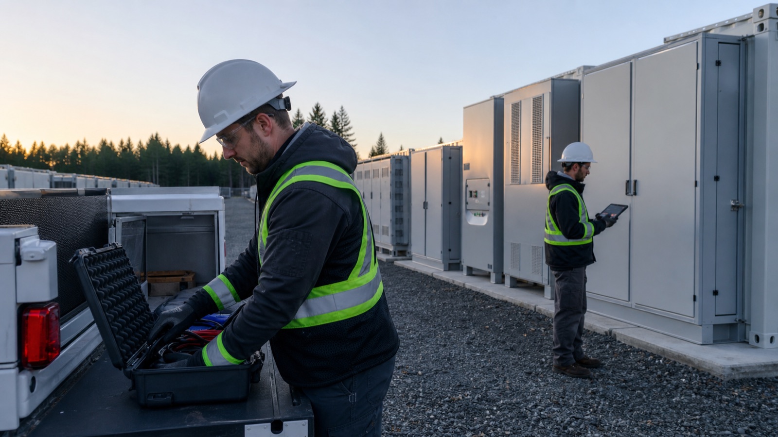 Field technicians mobilizing tools and diagnostics for a BESS outage response